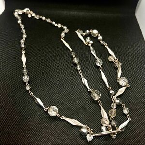 White House Black Market WHBM Long Silver Tone Twist Link & Crystal Necklace 36”